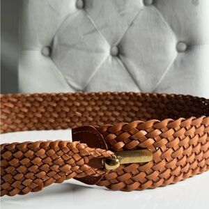 Vintage LANDS END Wide Belt Woven Braided Brown Tan Sz L Boho